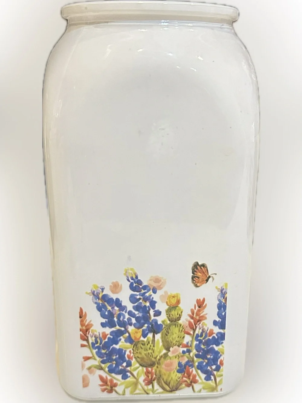 FARMHOUSE PAINTED GLASS VASE CONTAINER BLUEBONNET BOTTLE CERAMIC CROC VIB 7.5”